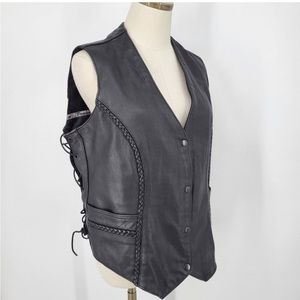 Vintage Genuine Leather Moto Vest Lace Up Button Front Jacket Sleeveless Black